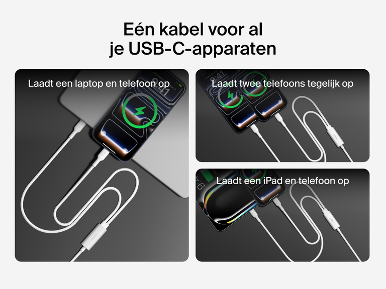 Belkin BoostCharge Pro gevlochten USB-C/2x USB-C-kabel die een laptop en een telefoon, twee telefoons of een tablet en een telefoon gelijktijdig op kan laden met tot 140 W.